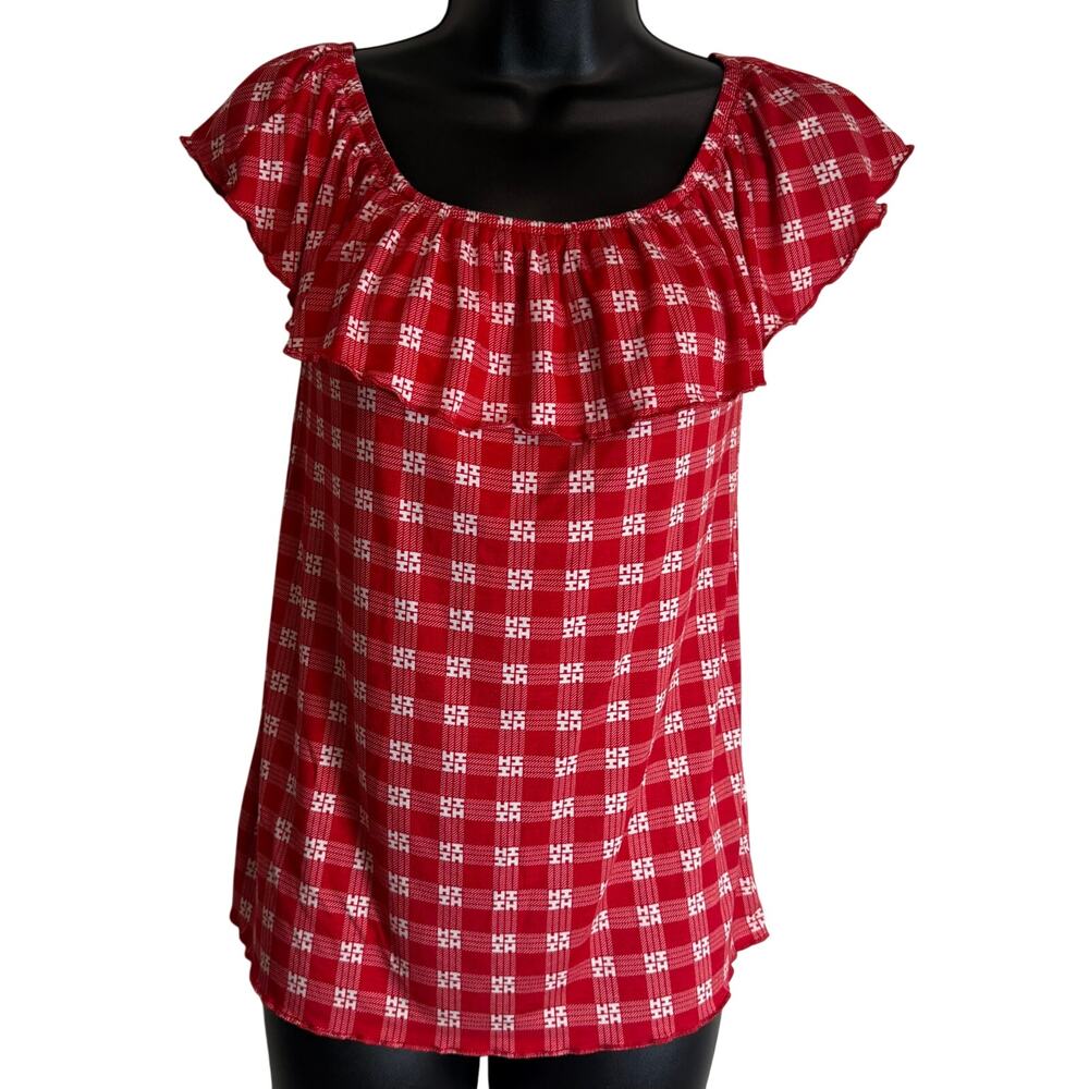 HiFinest Palaka Print Off Shoulder Ruffle Top Womens Red HH Logo Rayon Stretch